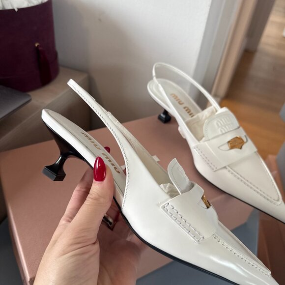 NWT Miu Miu Sling Back Mules White Leather Pointed Toe Kitten Heels Sz 36 - Picture 6 of 11